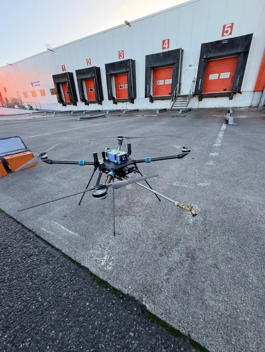 Drone de nettoyage professionnel équipé de sa lance de pulvérisation, prêt à décoller devant une plateforme logistique de cinq quais