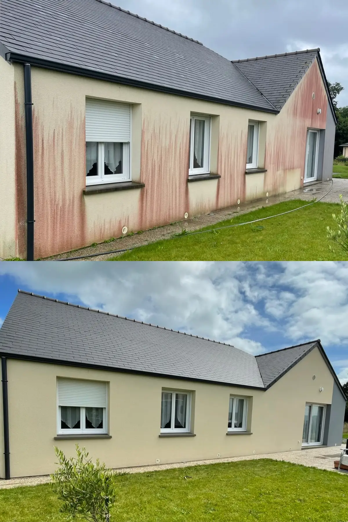 Avant après nettoyage de façade à Bayeux (Bessin, Calvados) – algues éliminées par Normandie Nettoyage, résultat garanti 3 ans