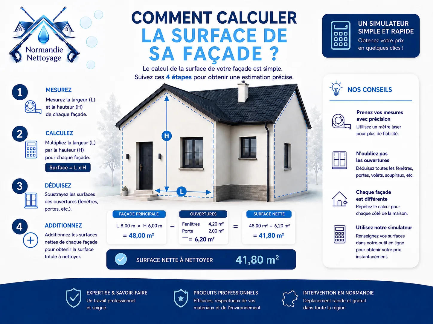 Infographie en 4 étapes : mesurer, calculer, déduire les ouvertures, additionner — méthode pour calculer la surface d’une façade à nettoyer