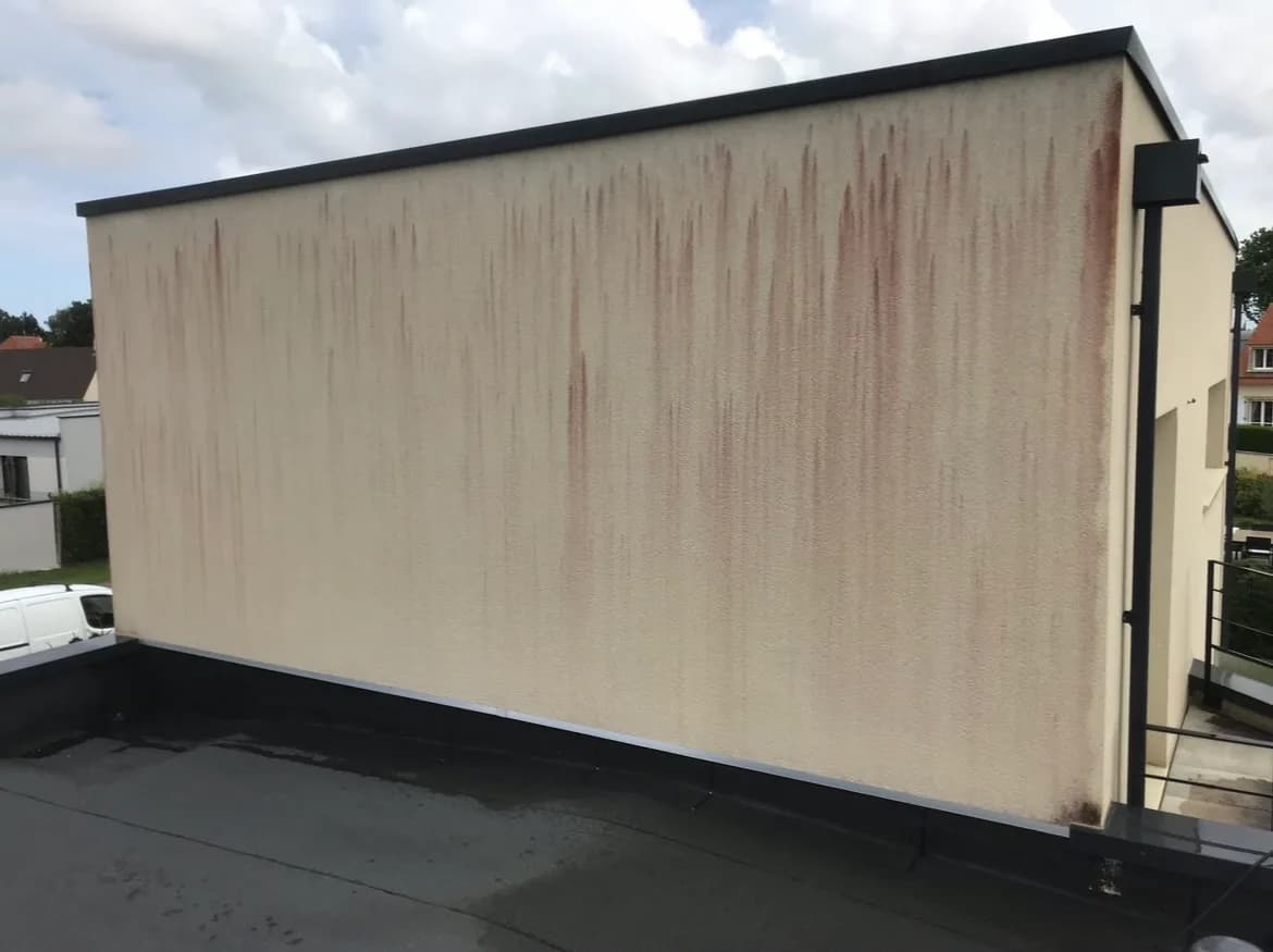 Avant nettoyage de façade à Bayeux par Normandie Nettoyage — nettoyage façade maison toit plat enduit crème – algues rouges et coulures Calvados (14400)