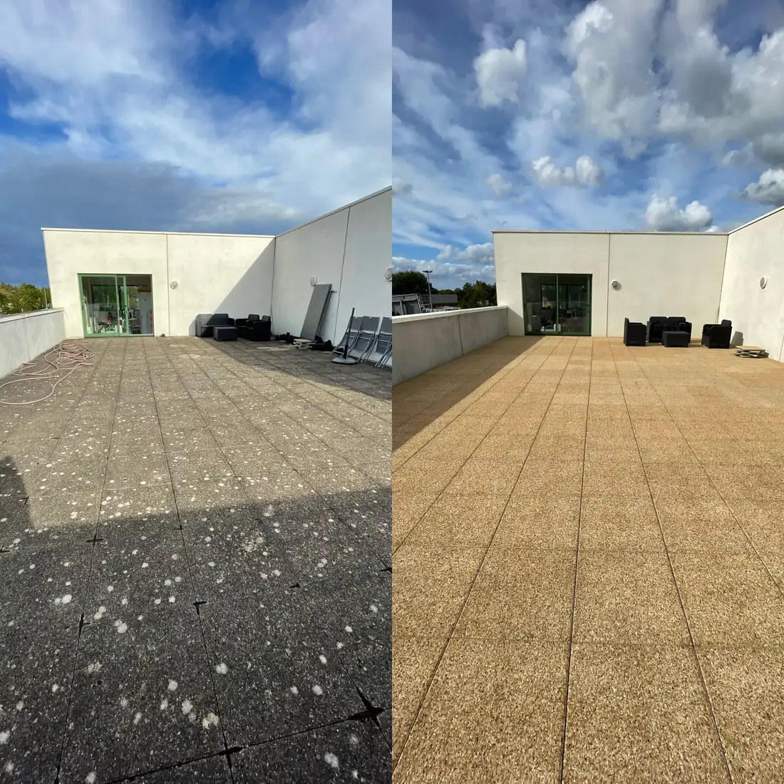 Avant après nettoyage de pavés et dalles à Bayeux (Bessin, Calvados) – mousse éliminée par Normandie Nettoyage, résultat garanti 3 ans