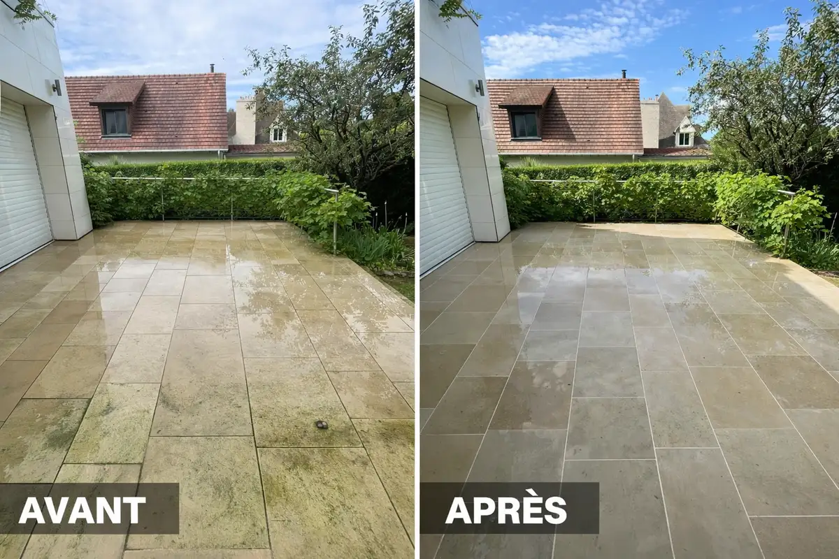 Avant après nettoyage terrasse dalles pierre – mousse éliminée, résultat professionnel Calvados