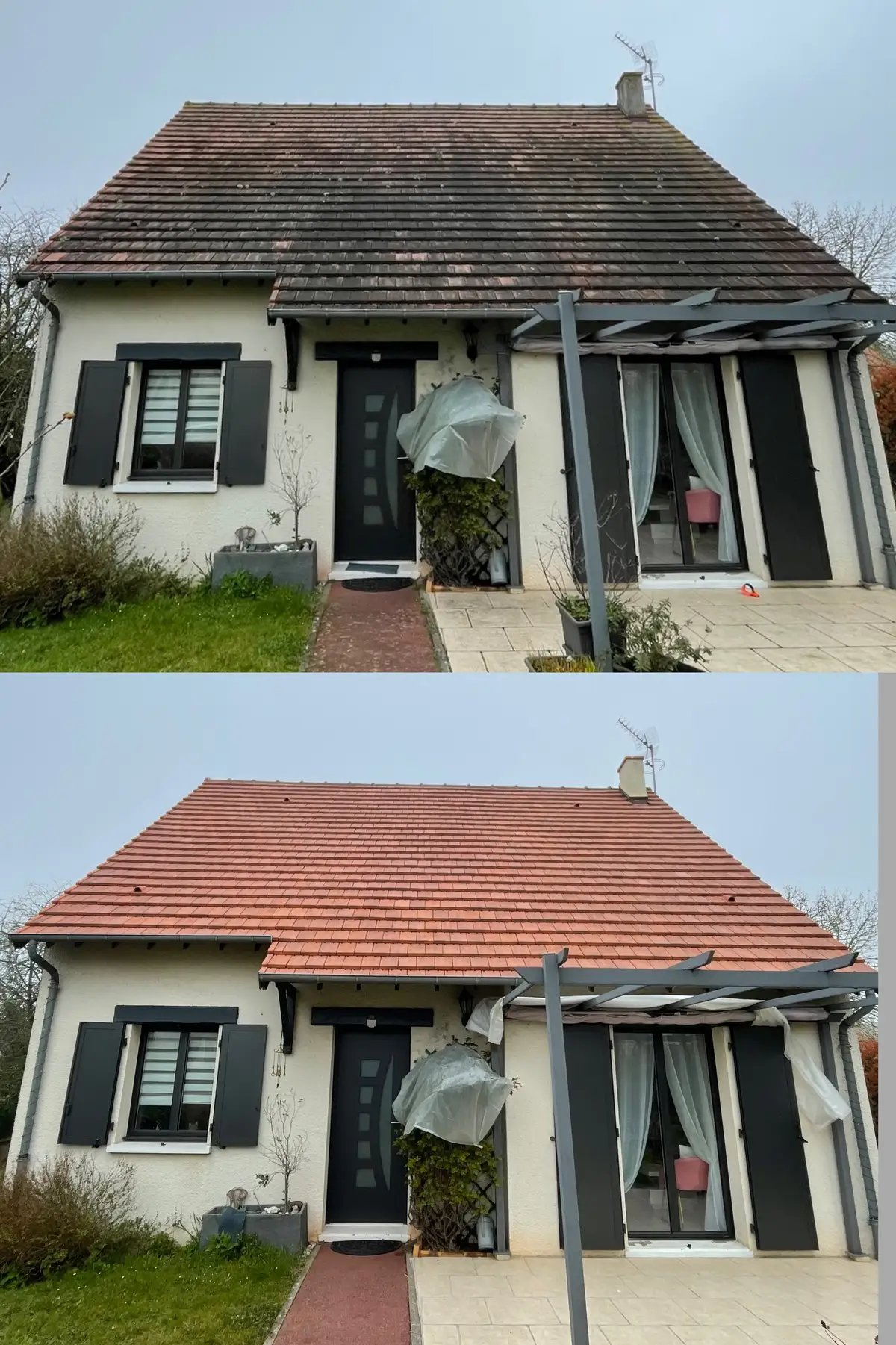 Avant après démoussage de toiture à Bayeux (Bessin, Calvados) – mousse et lichen éliminés par Normandie Nettoyage, résultat garanti 3 ans