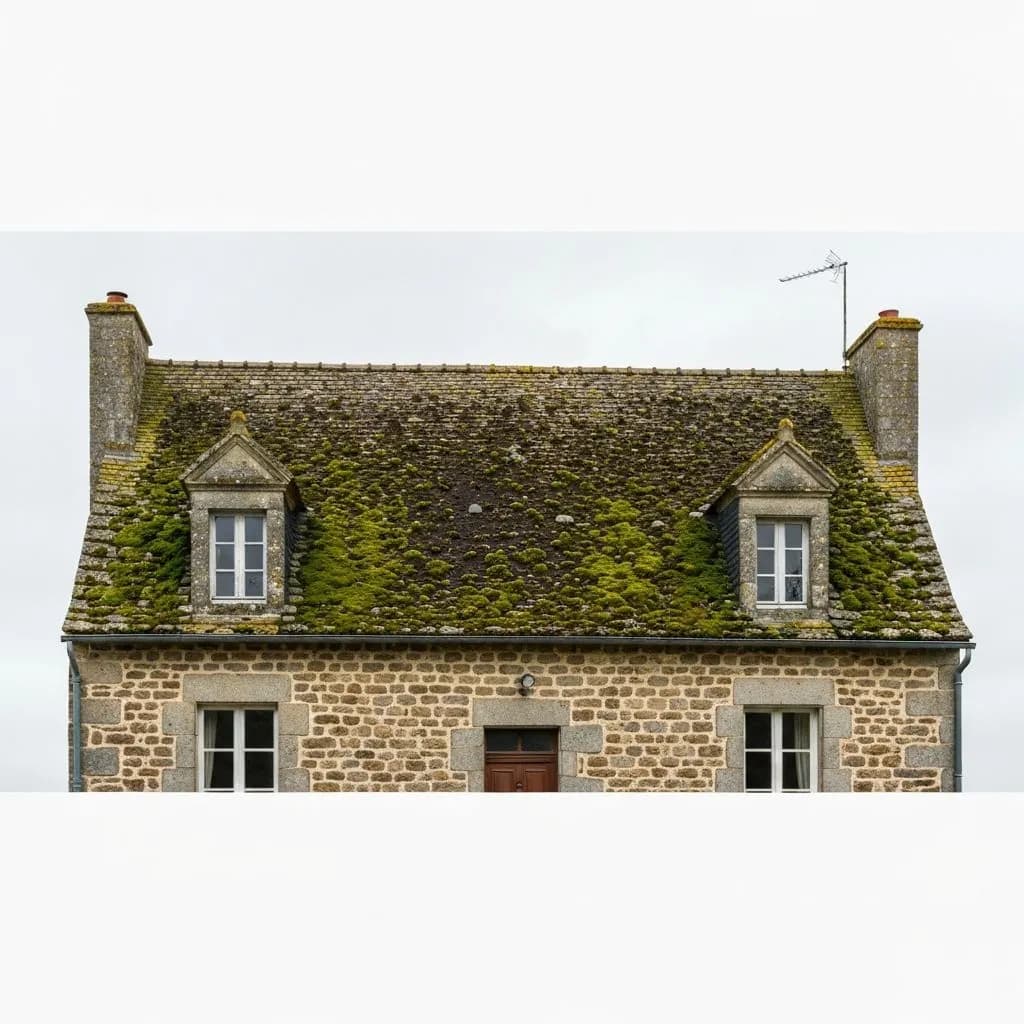 Mousse et lichens sur une toiture en Normandie