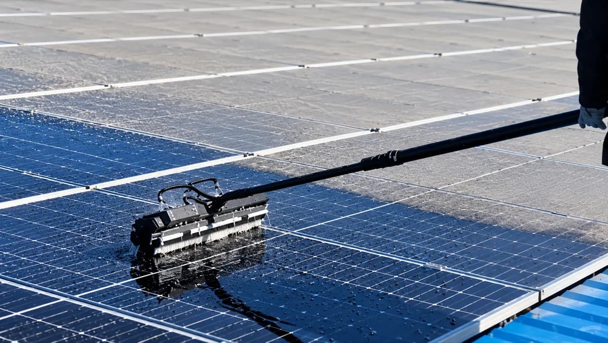 Brosse sur perche télescopique alimentée en eau pure nettoyant des panneaux solaires : le côté lavé retrouve un bleu profond tandis que les rangées voisines restent voilées de poussière