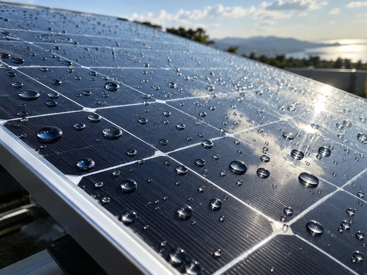 Panneau solaire parfaitement propre après nettoyage à l'eau pure : les gouttes d'eau perlent sur le verre sans laisser de trace, signe d'une surface saine